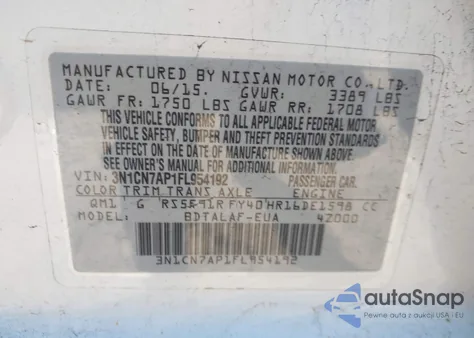 2015 Nissan Versa 1.6 S z USA, uszkodzony, nr VIN 3N1CN7AP1FL954192